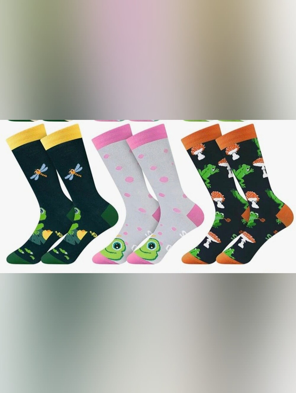Novelty Frog & Mushroom Crew Socks - 3-Pack (Green, Pink, Black)